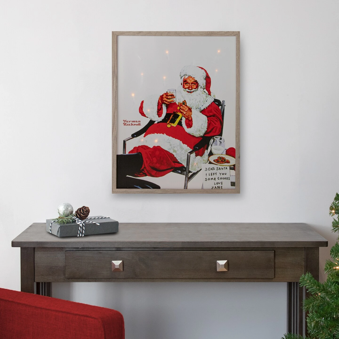 Northlight 19" Lighted Norman Rockwell 'Santa Eating Milk And Cookies' Christmas Wall Art Red 5 Northlight 19" Lighted Norman Rockwell 'Santa Eating Milk And Cookies' Christmas Wall Art Red - Image 3
