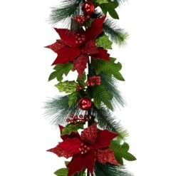 Northlight 48" Glittered Red Poinsettia And Long Pine Christmas Swag, Unlit -Northlight Shop 1153436443142407392