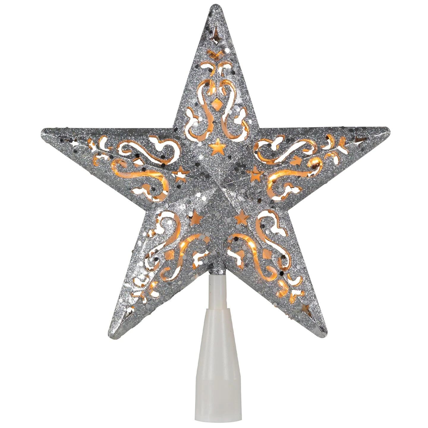 Northlight 8.5" Lighted Silver Glitter Star Cut Out Design Christmas Tree Topper - Clear Lights, White Wire 4 Northlight 8.5" Lighted Silver Glitter Star Cut Out Design Christmas Tree Topper - Clear Lights, White Wire - Image 2