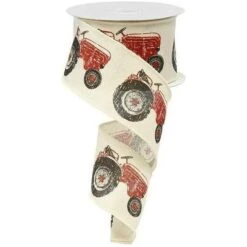 2.5" Tractor On Royal Burlap Ribbon: Cream & Red (10 Yards) -Northlight Shop 132943033652080 2