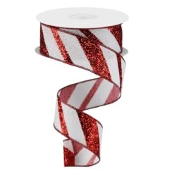 1.5" Diagonal Glitter On Royal Ribbon: Red (10 Yards)