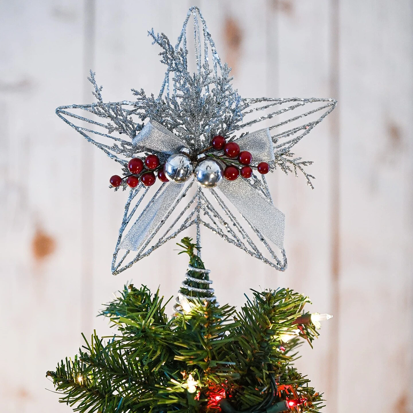 Ornativity Silver Star Tree Topper - Christmas Glitter Silver Star Holiday Tree Top Decoration With Silver Bells And Mistletoe And Red Berries 10 Ornativity Silver Star Tree Topper - Christmas Glitter Silver Star Holiday Tree Top Decoration With Silver Bells And Mistletoe And Red Berries - Image 8