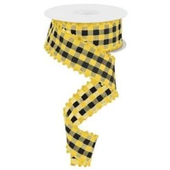 1.5" Check With Poms Ribbon: Yellow (10 Yards)