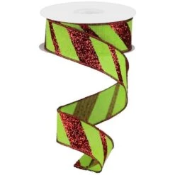 1.5" Diagonal Glitter On Royal Ribbon: Lime Green (10 Yards)