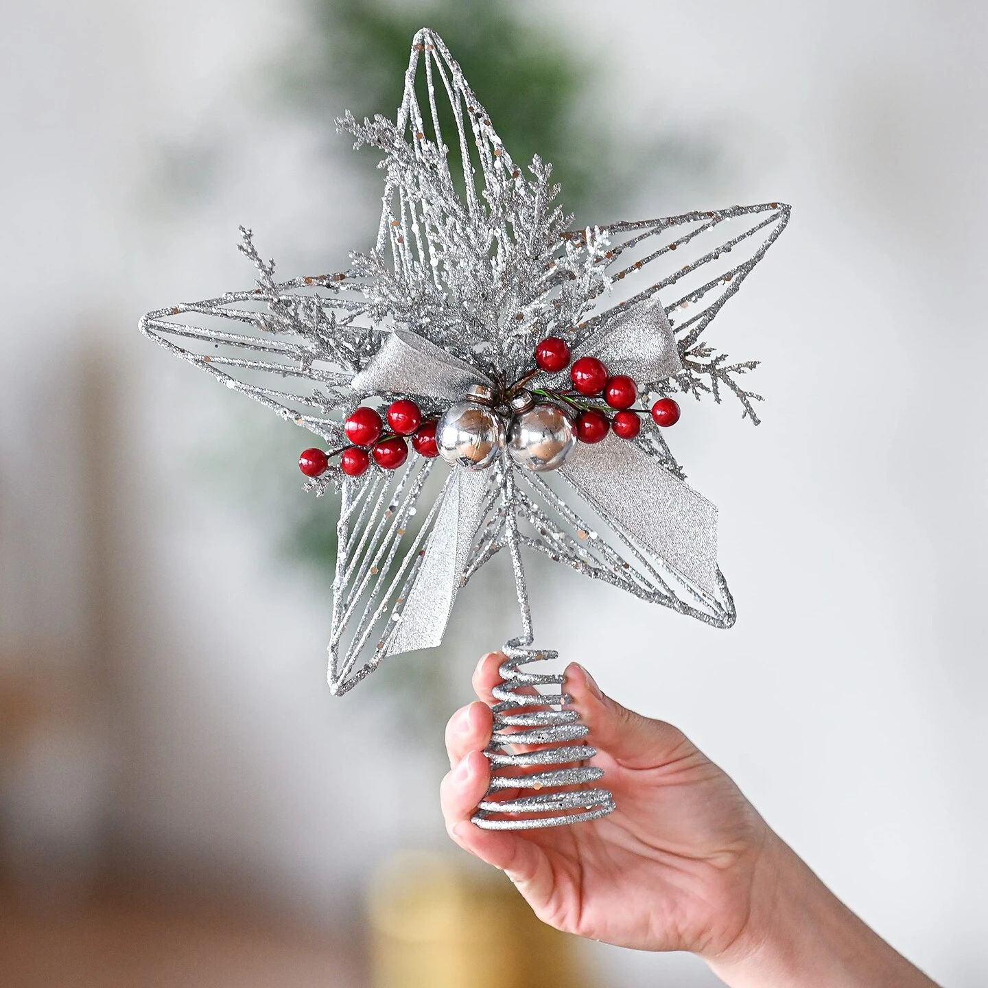 Ornativity Silver Star Tree Topper - Christmas Glitter Silver Star Holiday Tree Top Decoration With Silver Bells And Mistletoe And Red Berries 12 Ornativity Silver Star Tree Topper - Christmas Glitter Silver Star Holiday Tree Top Decoration With Silver Bells And Mistletoe And Red Berries - Image 10