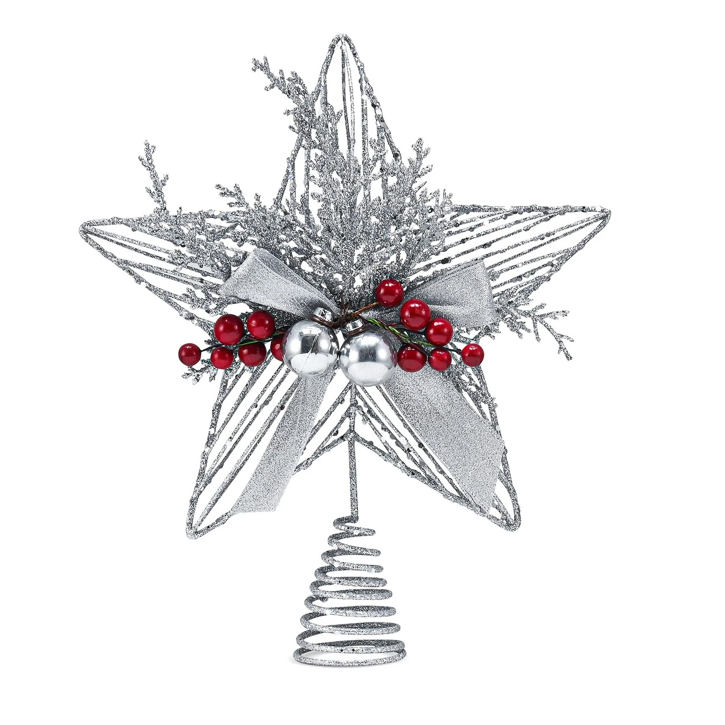 Ornativity Silver Star Tree Topper - Christmas Glitter Silver Star Holiday Tree Top Decoration With Silver Bells And Mistletoe And Red Berries 9 Ornativity Silver Star Tree Topper - Christmas Glitter Silver Star Holiday Tree Top Decoration With Silver Bells And Mistletoe And Red Berries - Image 7