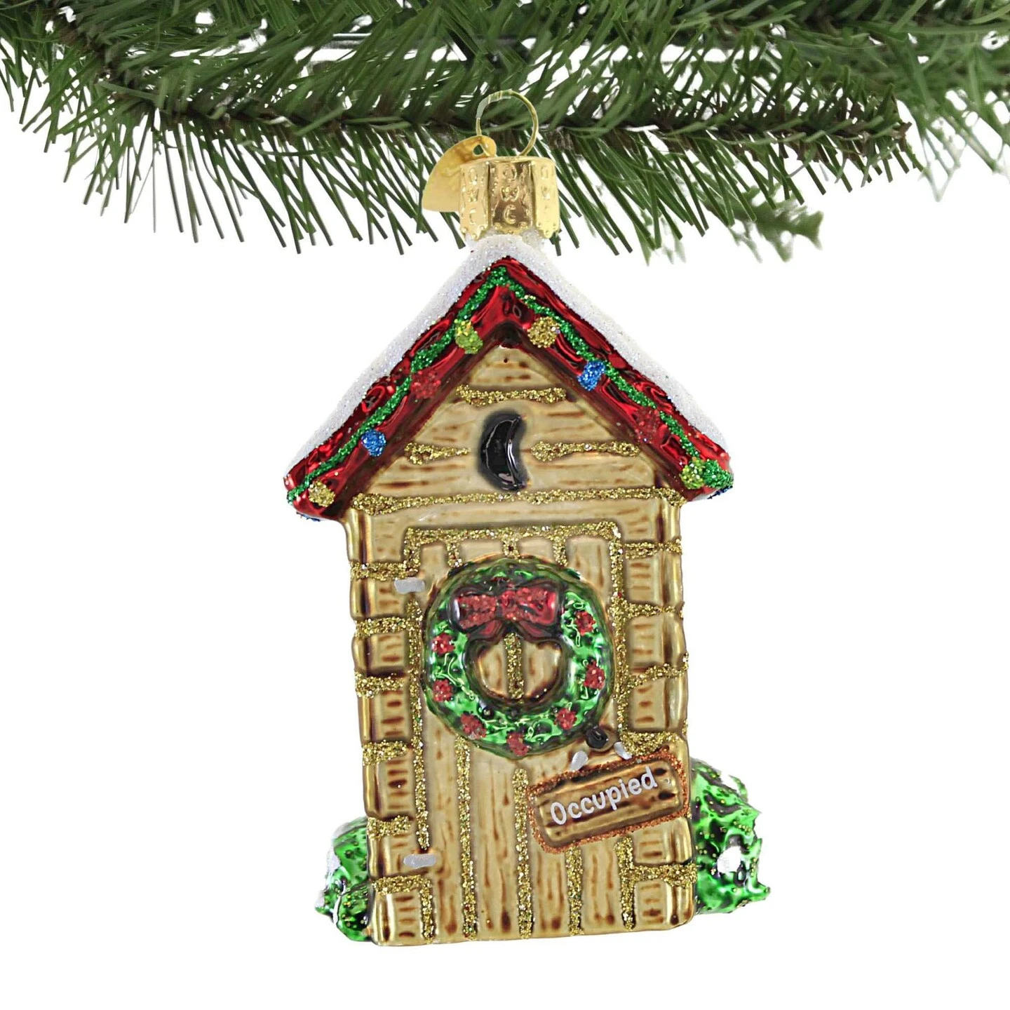 Old World Christmas 3.75 In Holiday Outhouse Tree Ornament , Snow Covered Roof Gold 5 Old World Christmas 3.75 In Holiday Outhouse Tree Ornament , Snow Covered Roof Gold - Image 3