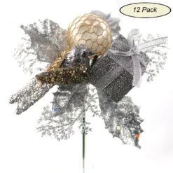 Set Of 12: Traditional Silver Glitter Picks With Gift Box, Dove Bird, & Ornament Ball | Festive Holiday Decor | Trees, Wreaths, & Garlands | Christmas Picks | Home & Office Decor - 2024 Christmas Collection, Floral Home By Artificial Flowers -Northlight Shop 16941506135776 2