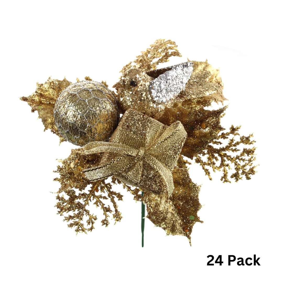 Set Of 24 Christmas Gold Glitter Picks With Dove, Gift Box & Ornament Ball - Elegant Tree & Wreath Decor - Holiday Season - 2024 Christmas Collection, Floral Home By Artificial Flowers 3 Set Of 24 Christmas Gold Glitter Picks With Dove, Gift Box & Ornament Ball - Elegant Tree & Wreath Decor - Holiday Season - 2024 Christmas Collection, Floral Home By Artificial Flowers