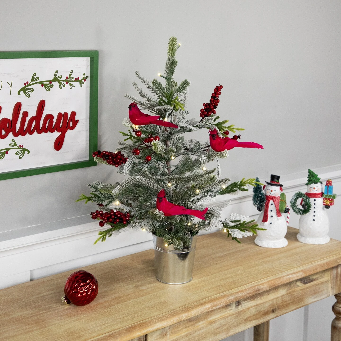 Northlight Pre-Lit LED Frosted Mixed Pine With Cardinals Potted Christmas Tree - 2' - Warm White Lights Green 5 Northlight Pre-Lit LED Frosted Mixed Pine With Cardinals Potted Christmas Tree - 2' - Warm White Lights Green - Image 3