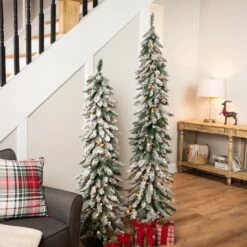 Northlight Pre-Lit Pencil Flocked Alpine Artificial Christmas Tree - 5' - Clear Lights Green -Northlight Shop 183985291775696