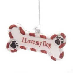 Noble Gems 2.0 Inch I Love My Dog Ornament Tree Ornament , Bone Paw Prints Puppy Red