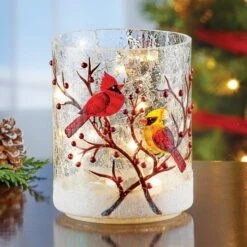 Collections Etc Hand Painted LED Lighted Cardinals Glass Tabletop Hurricane -Northlight Shop 189394690425776 1