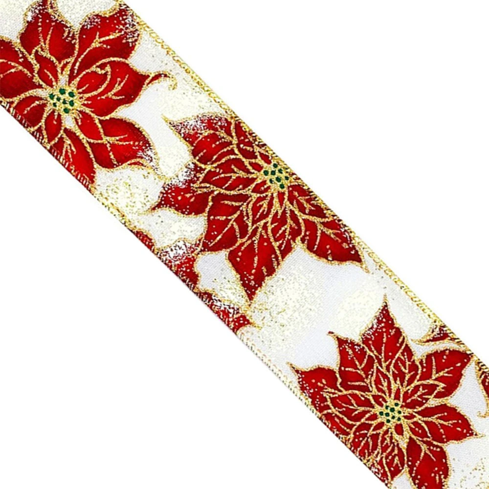 Designer’s Shop WR 63-5213 Red Poinsettia On White Wired Edge Ribbon – 2.5" X 10 Yards – Christmas Floral Glitter Accent 5 Designer’s Shop WR 63-5213 Red Poinsettia On White Wired Edge Ribbon – 2.5" X 10 Yards – Christmas Floral Glitter Accent - Image 3