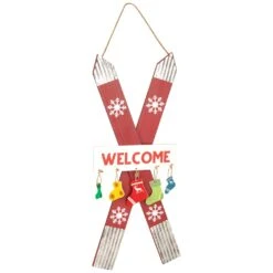Northlight Wooden Welcome Skis With Christmas Stockings Hanging Decoration - 23.5" Red -Northlight Shop 226163888459984