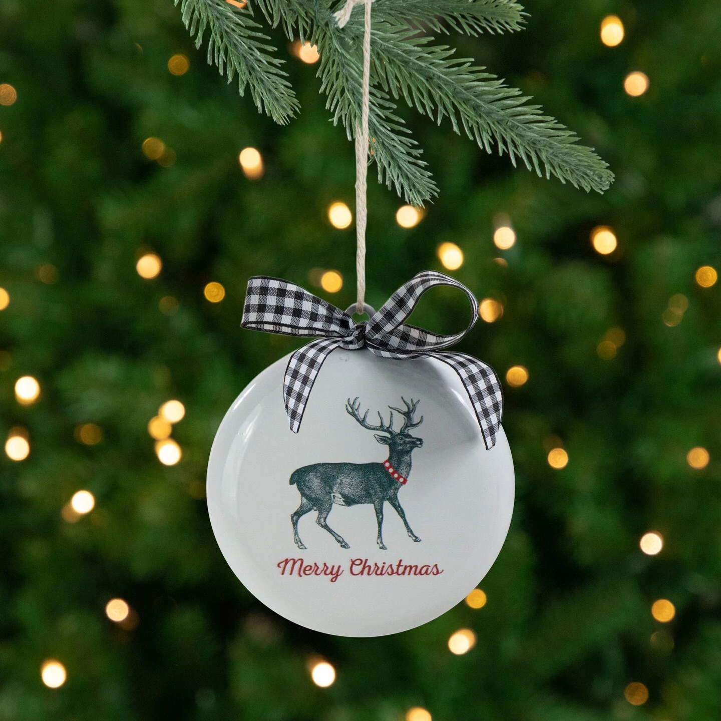 Northlight Reindeer "Merry Christmas" With A Plaid Bow Glass Disc Ornament - 4.5" - White And Black 8 Northlight Reindeer "Merry Christmas" With A Plaid Bow Glass Disc Ornament - 4.5" - White And Black - Image 6