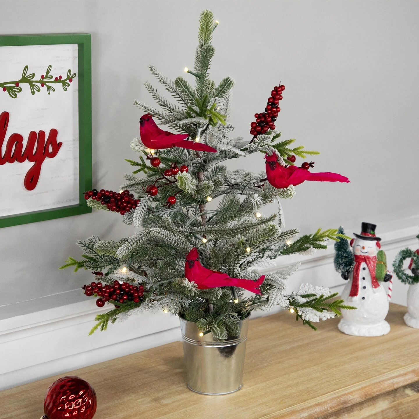 Northlight Pre-Lit LED Frosted Mixed Pine With Cardinals Potted Christmas Tree - 2' - Warm White Lights Green 6 Northlight Pre-Lit LED Frosted Mixed Pine With Cardinals Potted Christmas Tree - 2' - Warm White Lights Green - Image 4