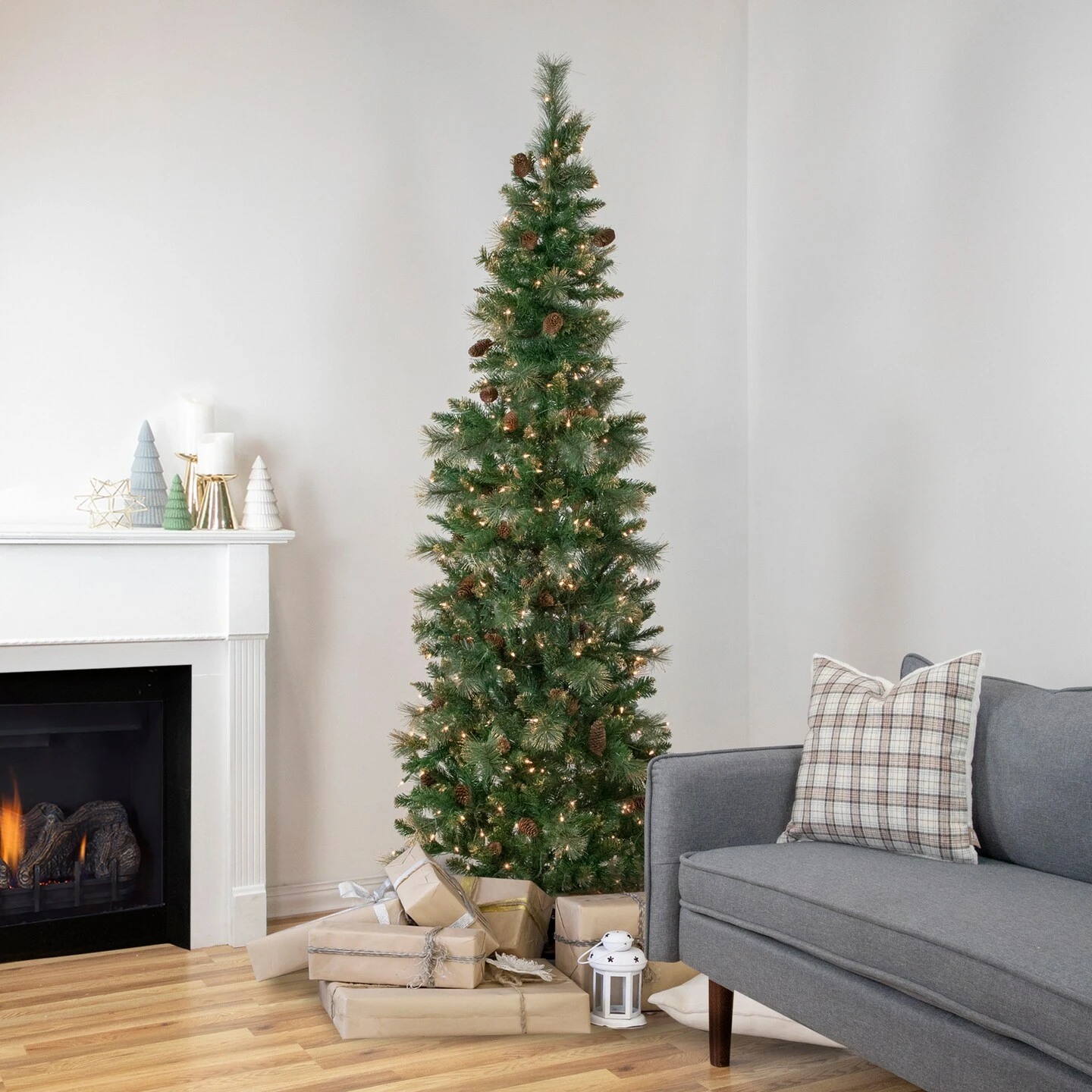 Northlight 7' Pre-Lit Yorkshire Pine Pencil Artificial Christmas Tree, Clear Lights Green 5 Northlight 7' Pre-Lit Yorkshire Pine Pencil Artificial Christmas Tree, Clear Lights Green - Image 3