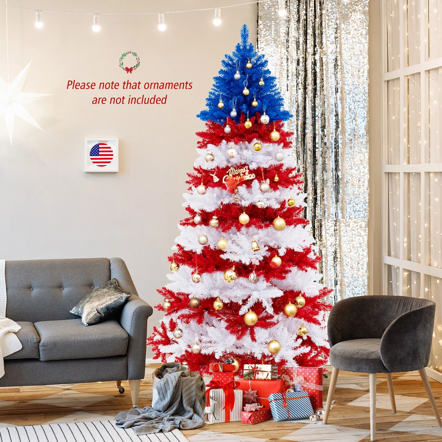 Costway 7.5 FT Patriotic Pre-Lit Artificial Christmas Tree With 1341 Branch Tips 480 Lights 19 Costway 7.5 FT Patriotic Pre-Lit Artificial Christmas Tree With 1341 Branch Tips 480 Lights - Image 17