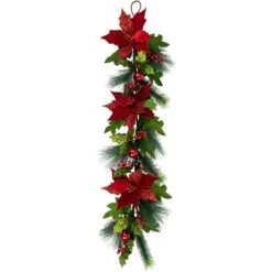 Northlight 48" Glittered Red Poinsettia And Long Pine Christmas Swag, Unlit