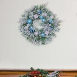 Northlight 24" Blue & Silver Sequin Ornaments Artificial Flocked Pine Wreath -Northlight Shop 28529 32275665 3