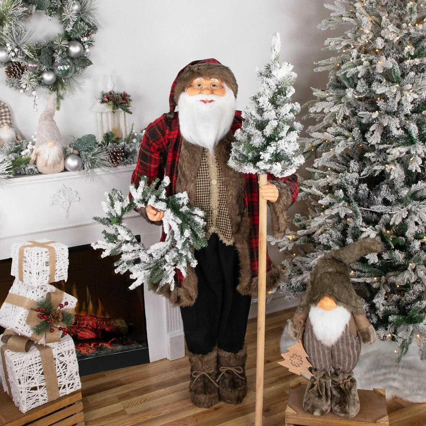 Northlight 60" Santa Claus With Flocked Alpine Tree And Wreath Commercial Christmas Figure Red 5 Northlight 60" Santa Claus With Flocked Alpine Tree And Wreath Commercial Christmas Figure Red - Image 3