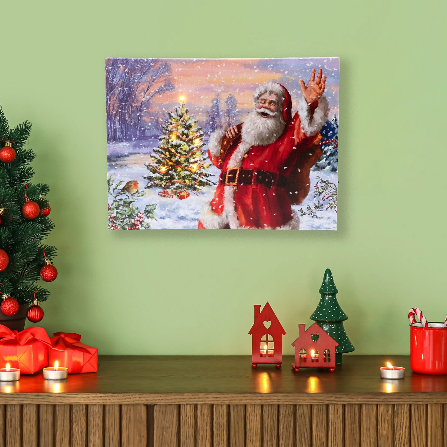 Northlight Lighted Santa With Christmas Tree Canvas Wall Art - 11.75" X 15.75" Red 4 Northlight Lighted Santa With Christmas Tree Canvas Wall Art - 11.75" X 15.75" Red - Image 2