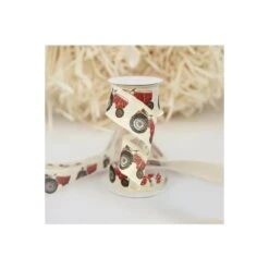 2.5" Tractor On Royal Burlap Ribbon: Cream & Red (10 Yards) -Northlight Shop 314124484203376