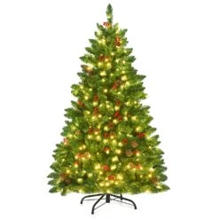 Costway 4.5Ft Pre-lit Hinged Christmas Tree W/ Pine Cones Red Berries And 300 LED Lights
