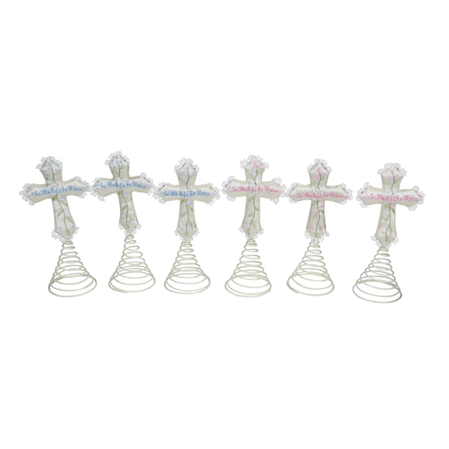 Roman Set Of 6 Ivory And Green God Bless Baby's First Christmas Cross Tree Toppers 9" 3 Roman Set Of 6 Ivory And Green God Bless Baby's First Christmas Cross Tree Toppers 9"