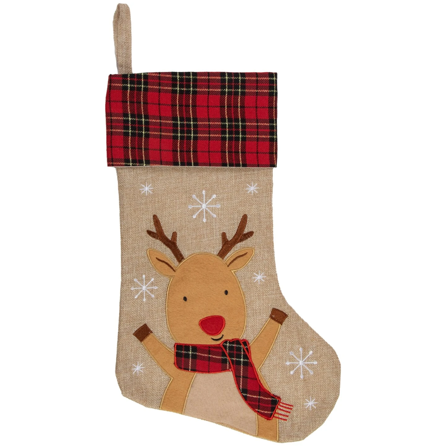 Northlight 19" Burlap Plaid Whimsical Reindeer Waiving Christmas Stocking Beige 8 Northlight 19" Burlap Plaid Whimsical Reindeer Waiving Christmas Stocking Beige - Image 6