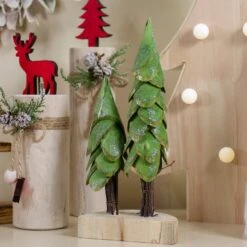 Northlight Christmas Trees On A Wooden Base Decoration - 9" - Brown And Green -Northlight Shop 3459144805719597728