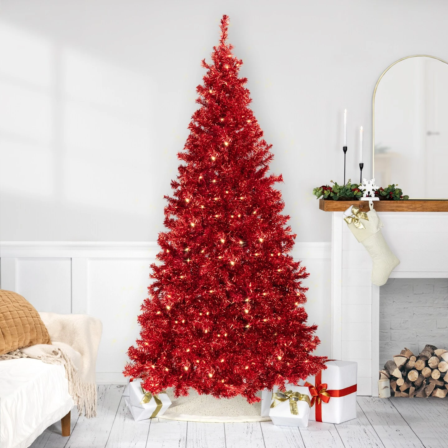 Northlight Pre-Lit Artificial Tinsel Christmas Tree - 7' - Red - Clear Lights 3 Northlight Pre-Lit Artificial Tinsel Christmas Tree - 7' - Red - Clear Lights