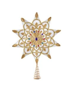 Kurt Adler White And Gold Jeweled Star Treetop - 16 Inch 21 Kurt Adler White And Gold Jeweled Star Treetop - 16 Inch -Northlight Shop 427321646004656