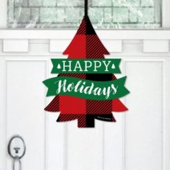 Big Dot Of Happiness Holiday Plaid Trees - Hanging Porch Buffalo Plaid Christmas Party Outdoor Decorations - Front Door Decor - 1 Piece Sign