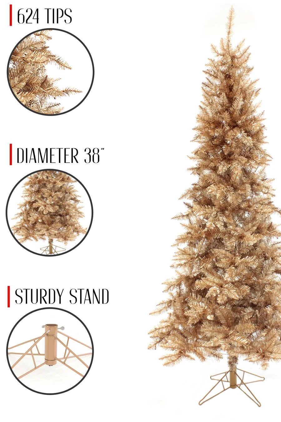 Champagne Gold Slim Christmas Tree With Metal Stand 7 Champagne Gold Slim Christmas Tree With Metal Stand - Image 5