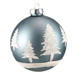 Northlight 4" Slate Blue With Glittered Trees Glass Ball Christmas Ornament
