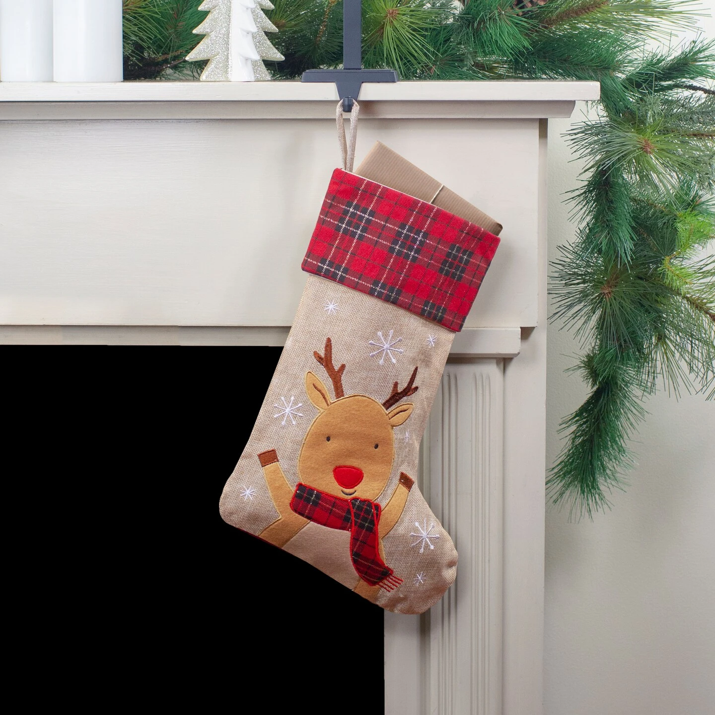 Northlight 19" Burlap Plaid Whimsical Reindeer Waiving Christmas Stocking Beige 5 Northlight 19" Burlap Plaid Whimsical Reindeer Waiving Christmas Stocking Beige - Image 3