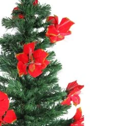 DAK 5' Pre-Lit Medium Fiber Optic Artificial Christmas Tree With Red Poinsettias - Multicolor Lights Green -Northlight Shop 4611714696859214496
