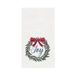 27' X 18" Christmas Holiday "Joy" Sentiment With Red Berry Wreath Cotton Waffle Weave Kitchen Dish Towel