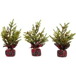 Northlight Mini Glittered Pine With Berries Artificial Christmas Trees - 9" - Set Of 3 Green