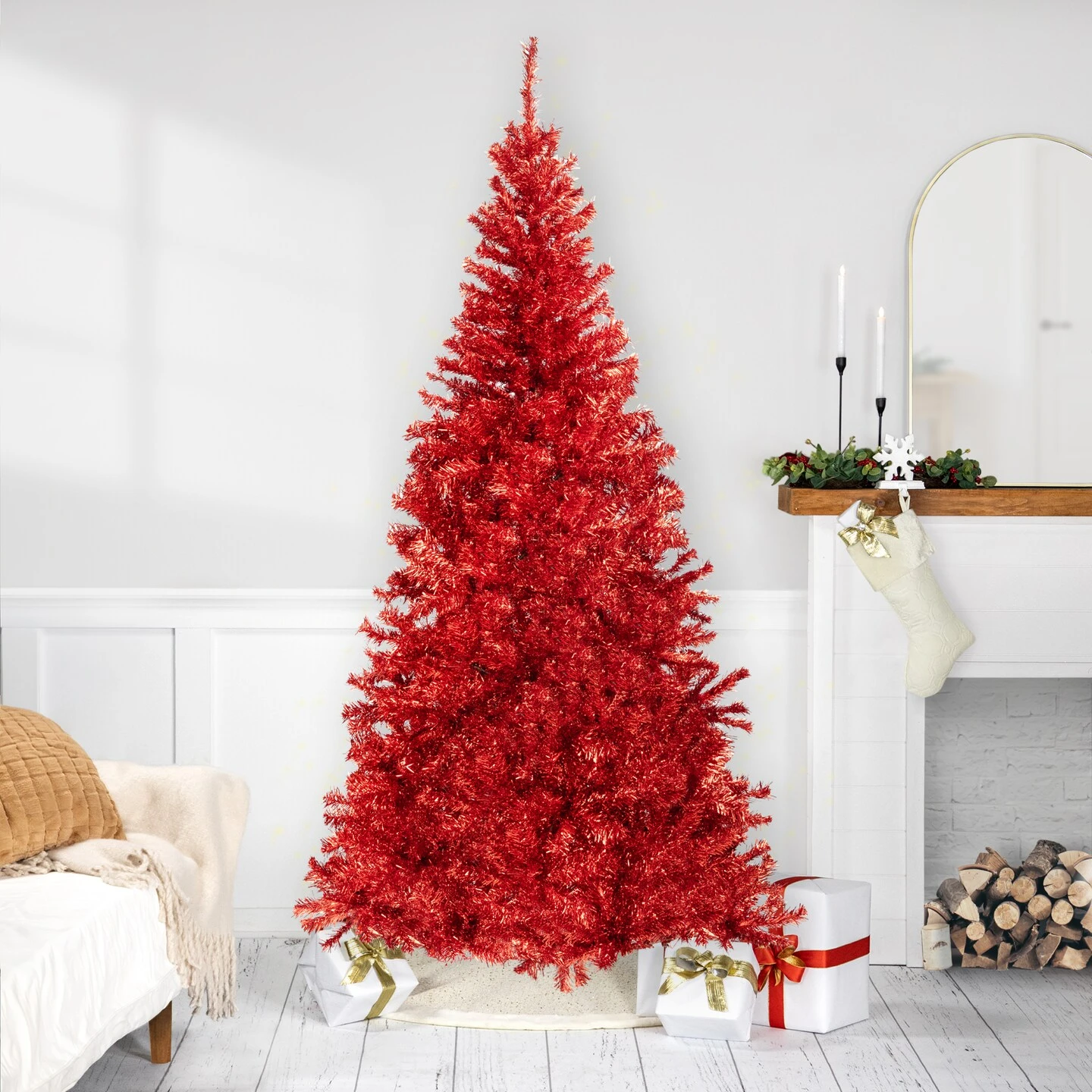 Northlight Artificial Tinsel Christmas Tree - 7' - Red - Unlit 3 Northlight Artificial Tinsel Christmas Tree - 7' - Red - Unlit
