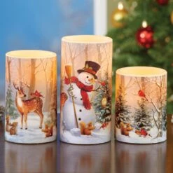 Collections Etc LED Lighted Winter Snowman And Friends Forest Scene 3-Piece Candle Set