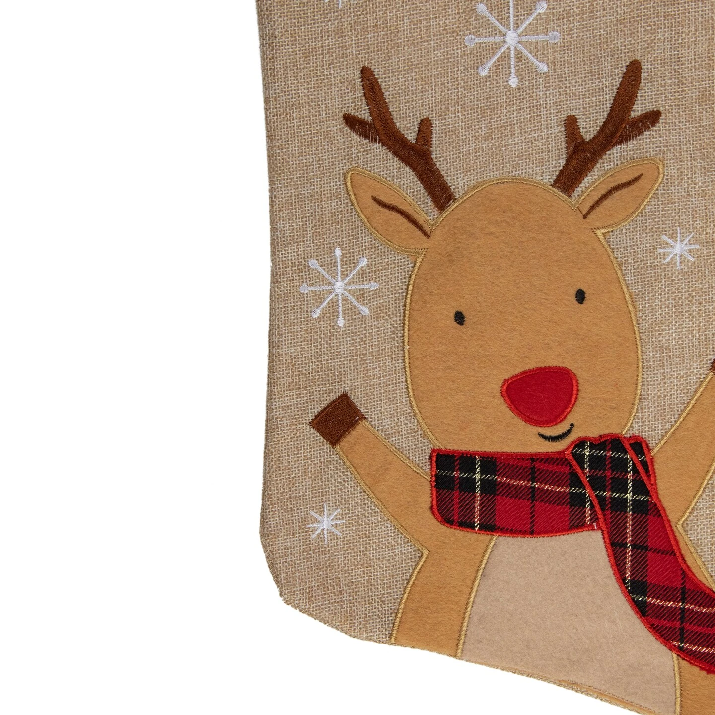 Northlight 19" Burlap Plaid Whimsical Reindeer Waiving Christmas Stocking Beige 6 Northlight 19" Burlap Plaid Whimsical Reindeer Waiving Christmas Stocking Beige - Image 4