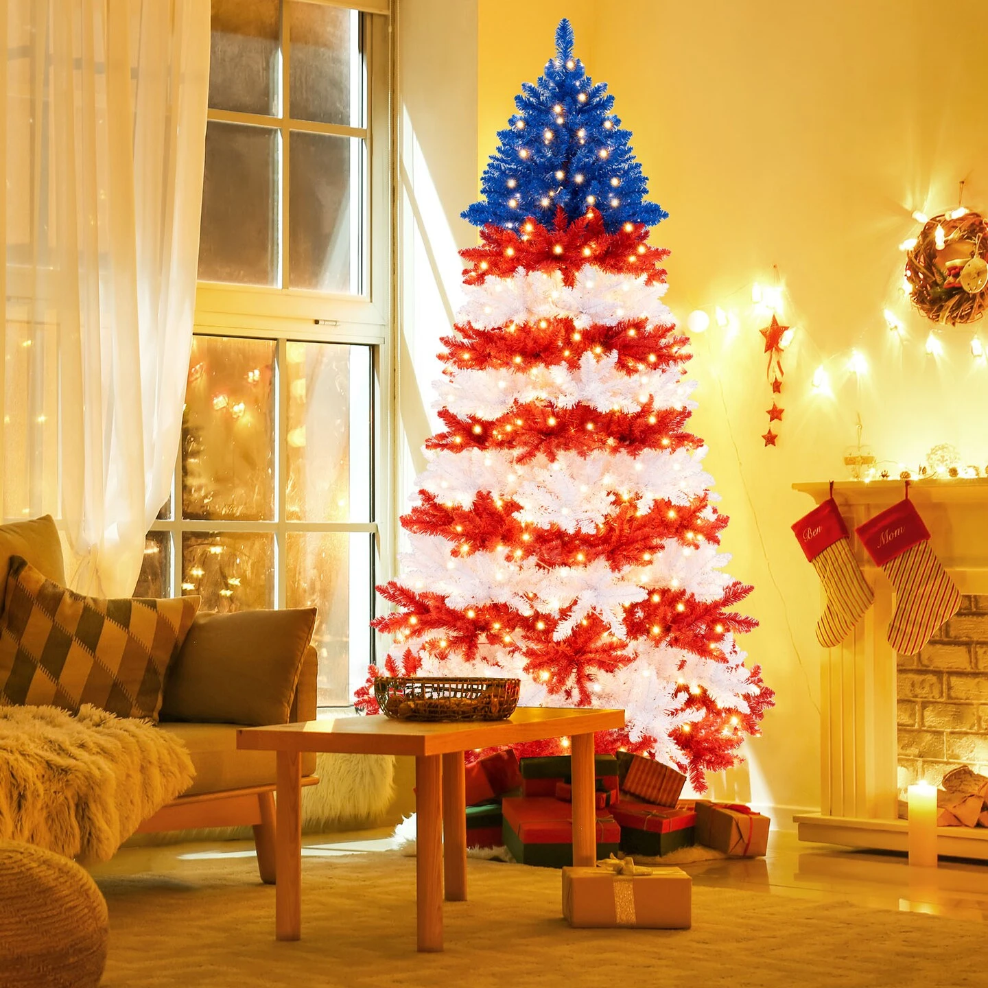 Costway 7.5 FT Patriotic Pre-Lit Artificial Christmas Tree With 1341 Branch Tips 480 Lights 6 Costway 7.5 FT Patriotic Pre-Lit Artificial Christmas Tree With 1341 Branch Tips 480 Lights - Image 4
