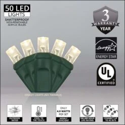 50 Warm White 5mm LED Christmas Lights, Green Wire, 6" Spacing -Northlight Shop 4612064443374061664 1