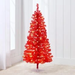 4ft Pre Lit Christmas Tree Mini Artificial Tree With Twinkling LED Lights For Bedroom Or Apartment Red