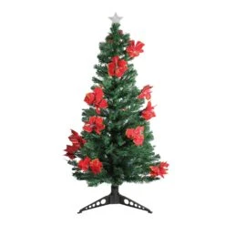 DAK 5' Pre-Lit Medium Fiber Optic Artificial Christmas Tree With Red Poinsettias - Multicolor Lights Green -Northlight Shop 4612066310799352480 2