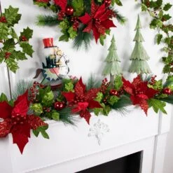 Northlight 48" Glittered Red Poinsettia And Long Pine Christmas Swag, Unlit -Northlight Shop 4612158561542096096