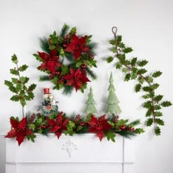 Northlight 48" Glittered Red Poinsettia And Long Pine Christmas Swag, Unlit -Northlight Shop 4612210293953414368